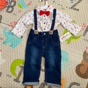 NWT Cat and Jack heart onesie and jean suspender set